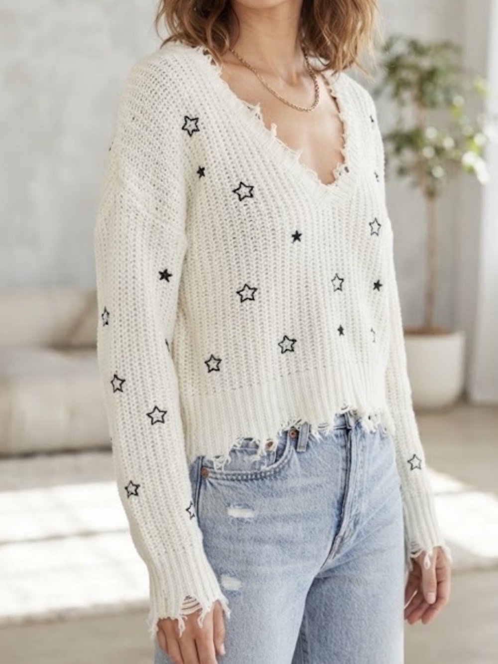 SUNDAY STEVENS Star Sweater Wool Blend V-Neck Distressed Large
